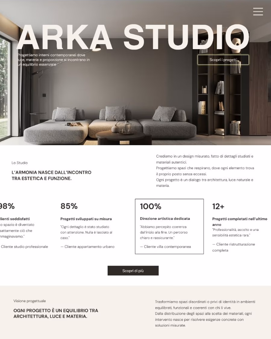Homepage del sito vetrina di Arka Studio, progetto di interior design