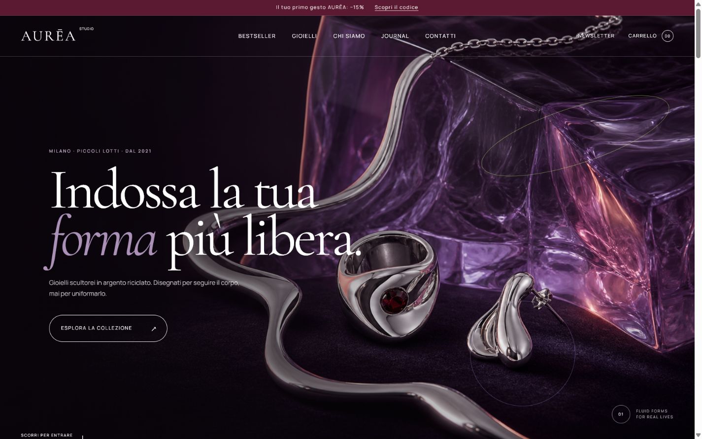 Homepage dark di AURĒA Studio, e-commerce di gioielli scultorei